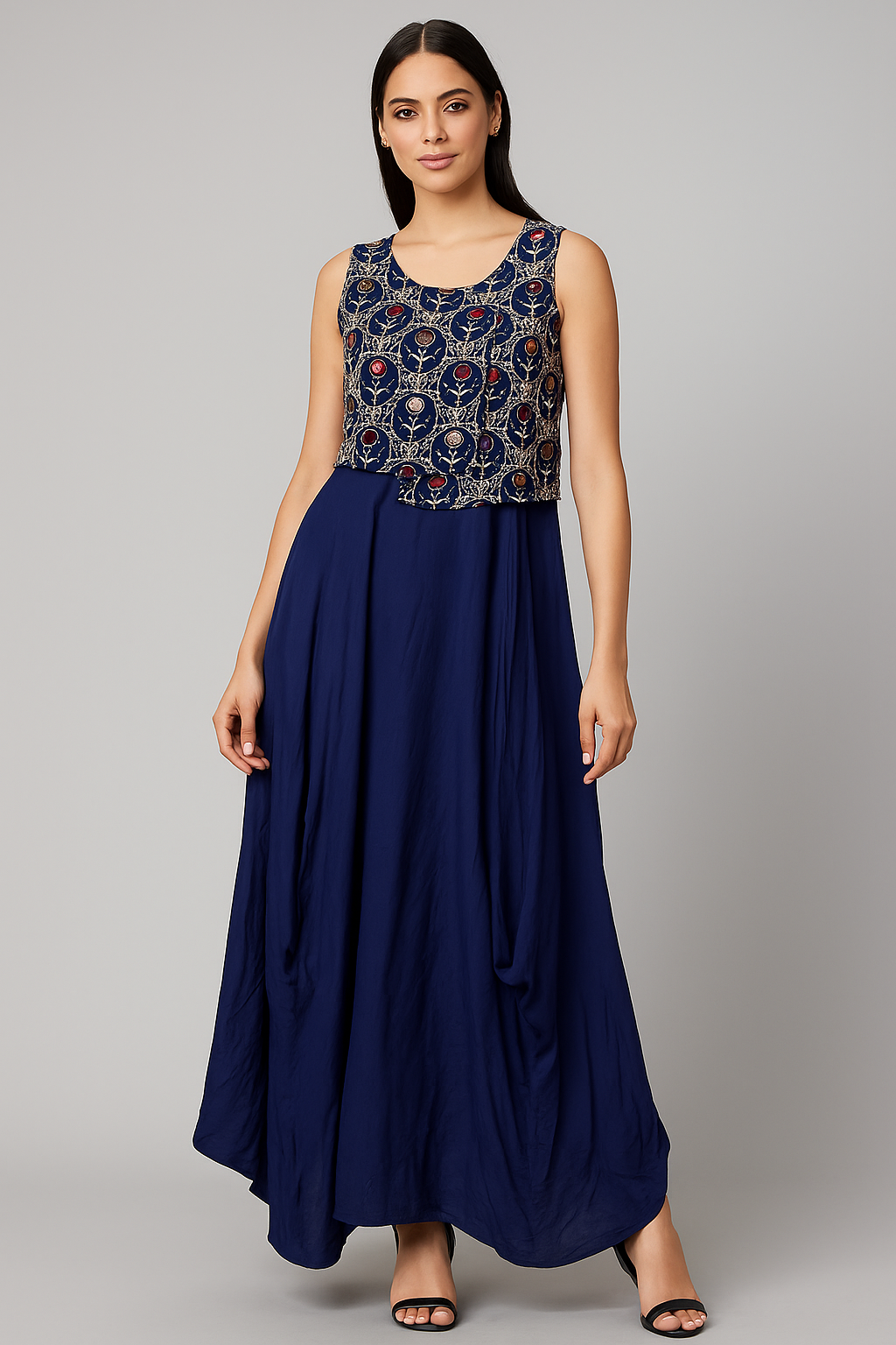 Shree Shanti Selection - Navy Blue Multi-Color Printed Sleeveless Kurti for Women